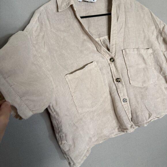 Zara Linen Top Medium Beige Womens Cropped Short Sleeve Boxy Button up Collared - Picture 4 of 7